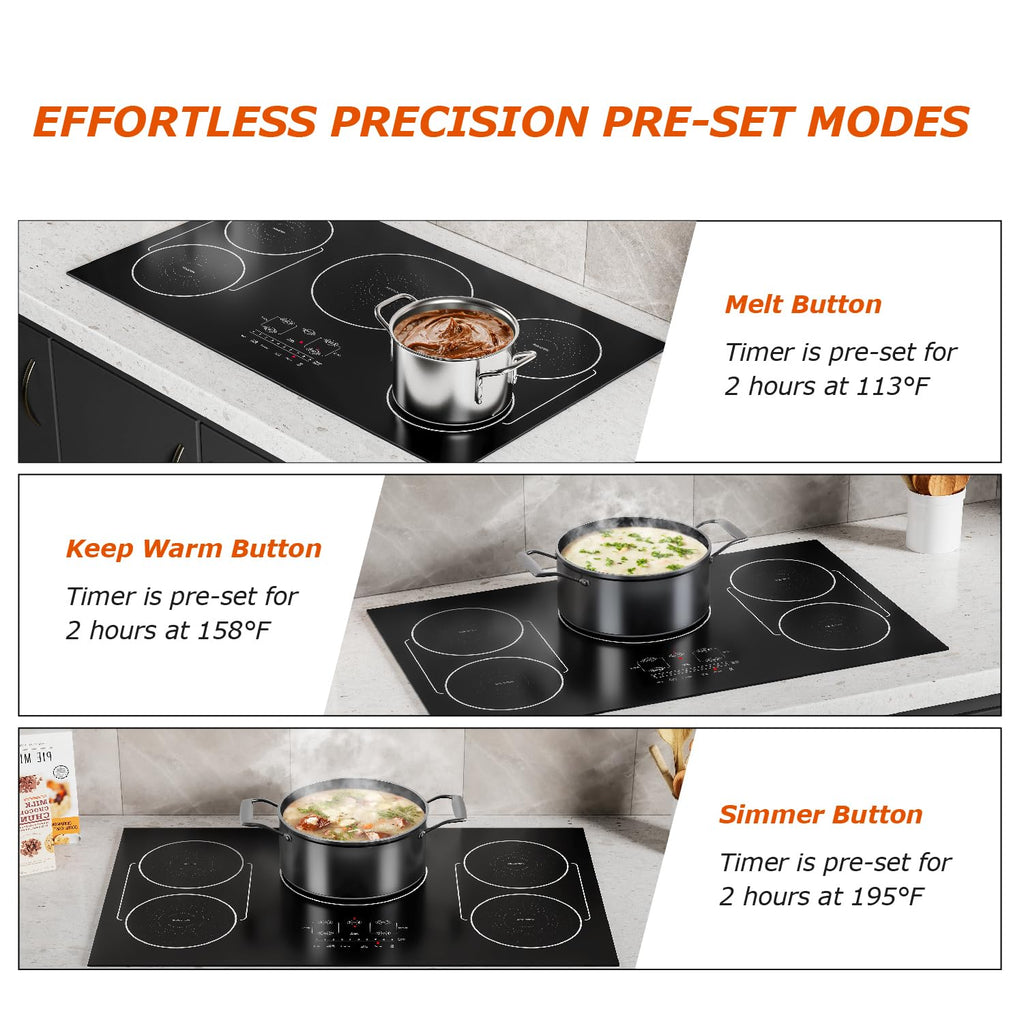 30 Inch Induction Cooktop 4 Burners, Flat Glass Top Electric Stove Hob with Bridge-SYNC, 3 Preset Modes Booster, Timer, Pause, Child Lock, Drop in