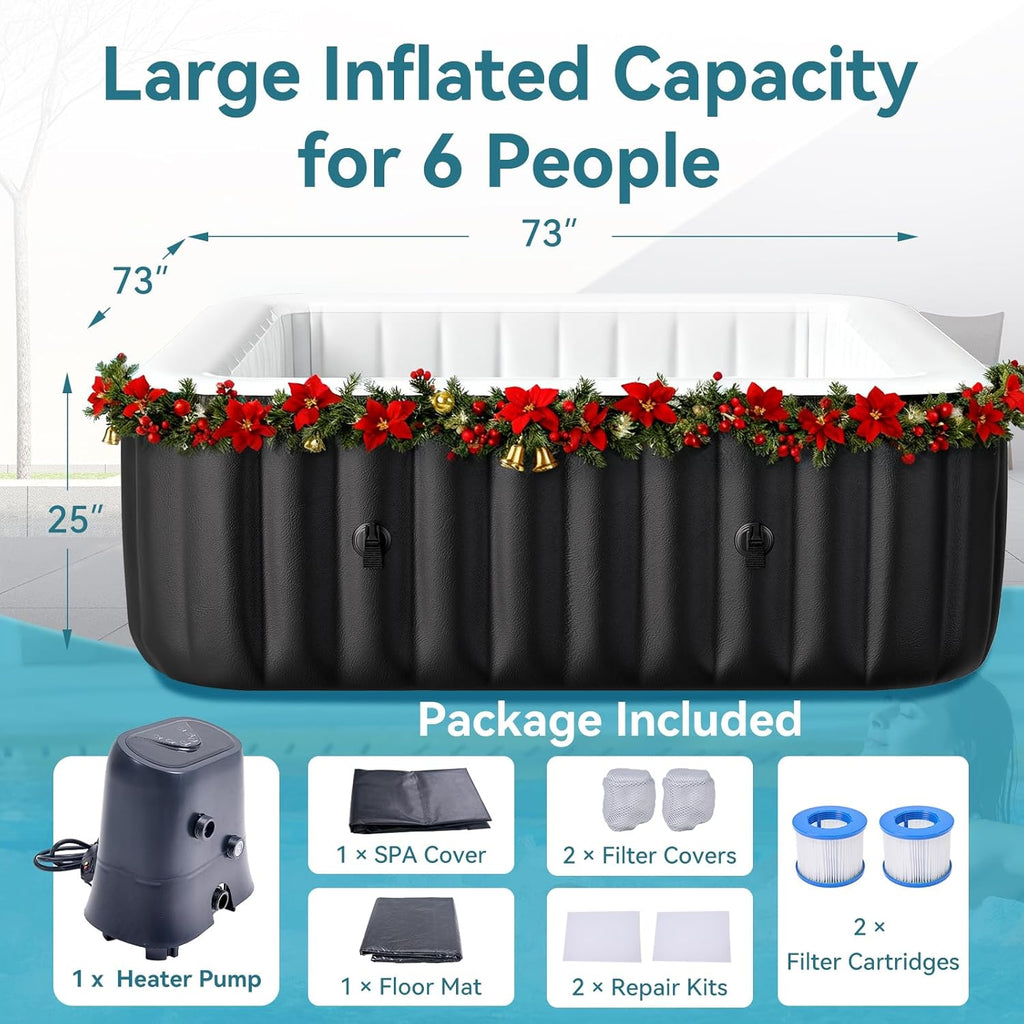 Blow Up Inflatable Hot Tub, 4-6 Person Large Square Portable Hot Tub, Leak-Proof PVC Outdoor Spa with 130 Air Jets, Heater Pump and Insulated Cover