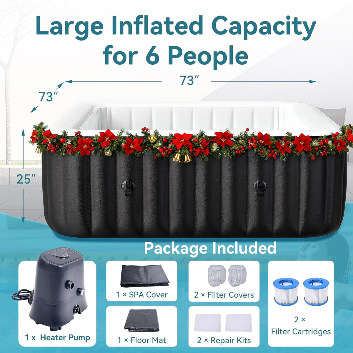 Blow Up Inflatable Hot Tub, 4-6 Person Large Square Portable Hot Tub, Leak-Proof PVC Outdoor Spa with 130 Air Jets, Heater Pump and Insulated Cover