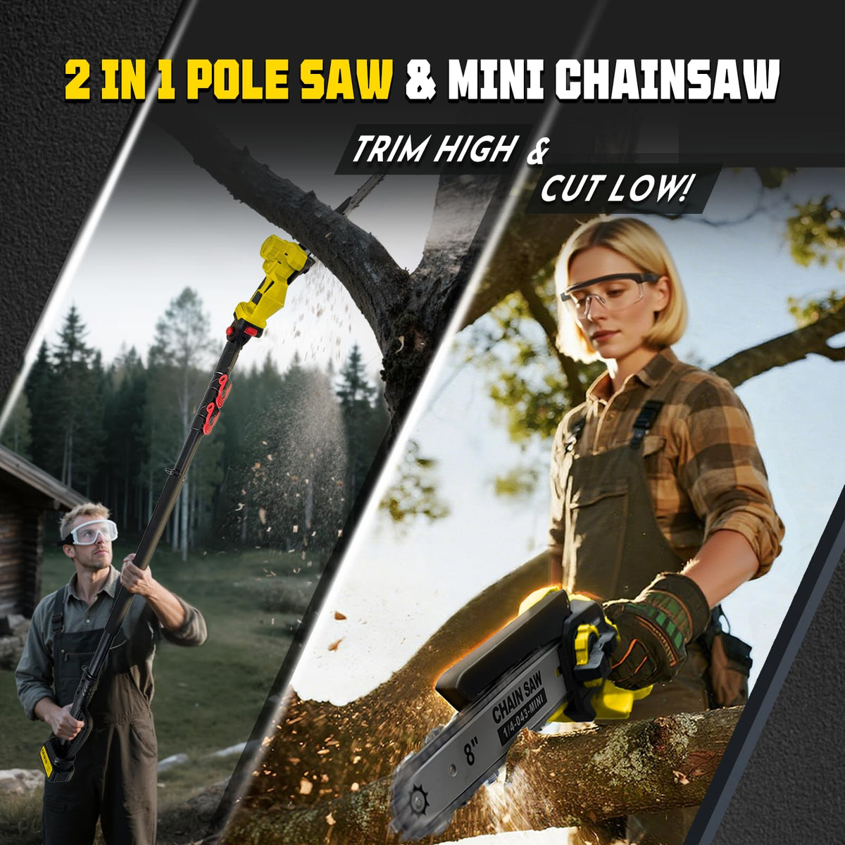 2-in-1 Cordless Pole Saw & 8'' Mini Chainsaw,Forest Ranger Approved Electric Handheld Chain Saw with 2 21V 4.0Ah Rechargeable Batterie&Charger, Auto