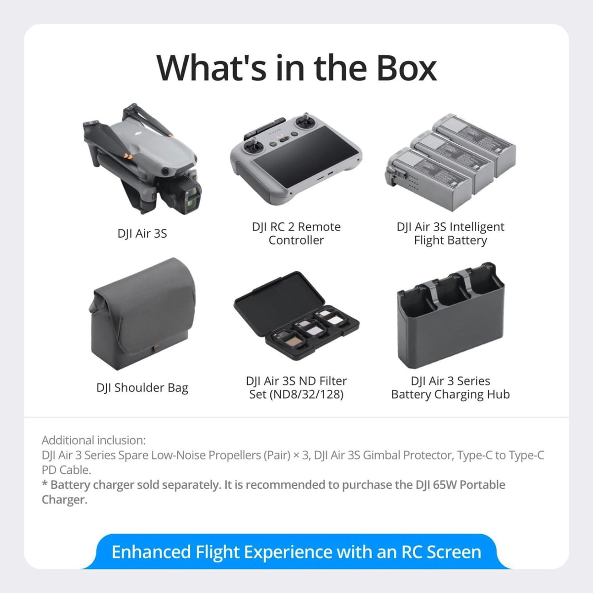 DJI Air 3S Fly More Combo (RC-N3), Drone with 1" CMOS Wide-Angle & Medium Tele Camera, 4K/60fps HDR Video, Nightscape Omnidirectional Obstacle