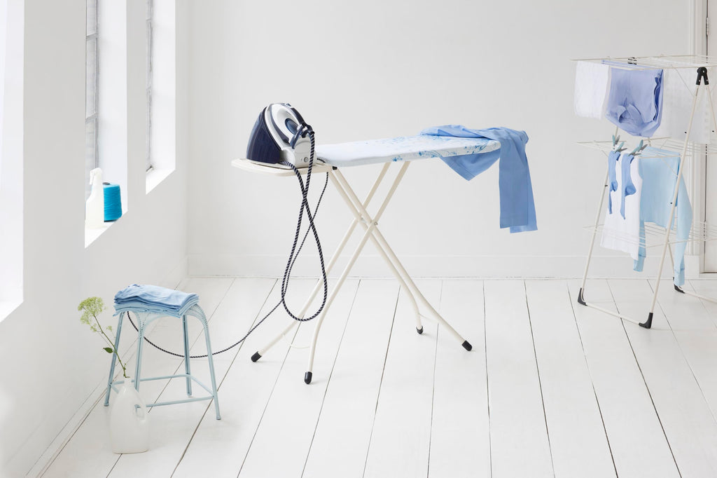 Brabantia Size C Ironing Board (49 x 18in) 7 Height Options, Adjustable Steam Iron Rest Holder & Linen Rack (Ecru) Non-Slip Feet, Anti-Collapse Child