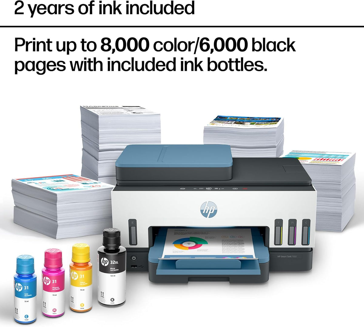 HP Smart Tank 7602 Wireless All-in-One Ink Tank Printer, Scanner, Copier with 2 Years of Ink Included, Best-for-Home Office, Cartridge-Free