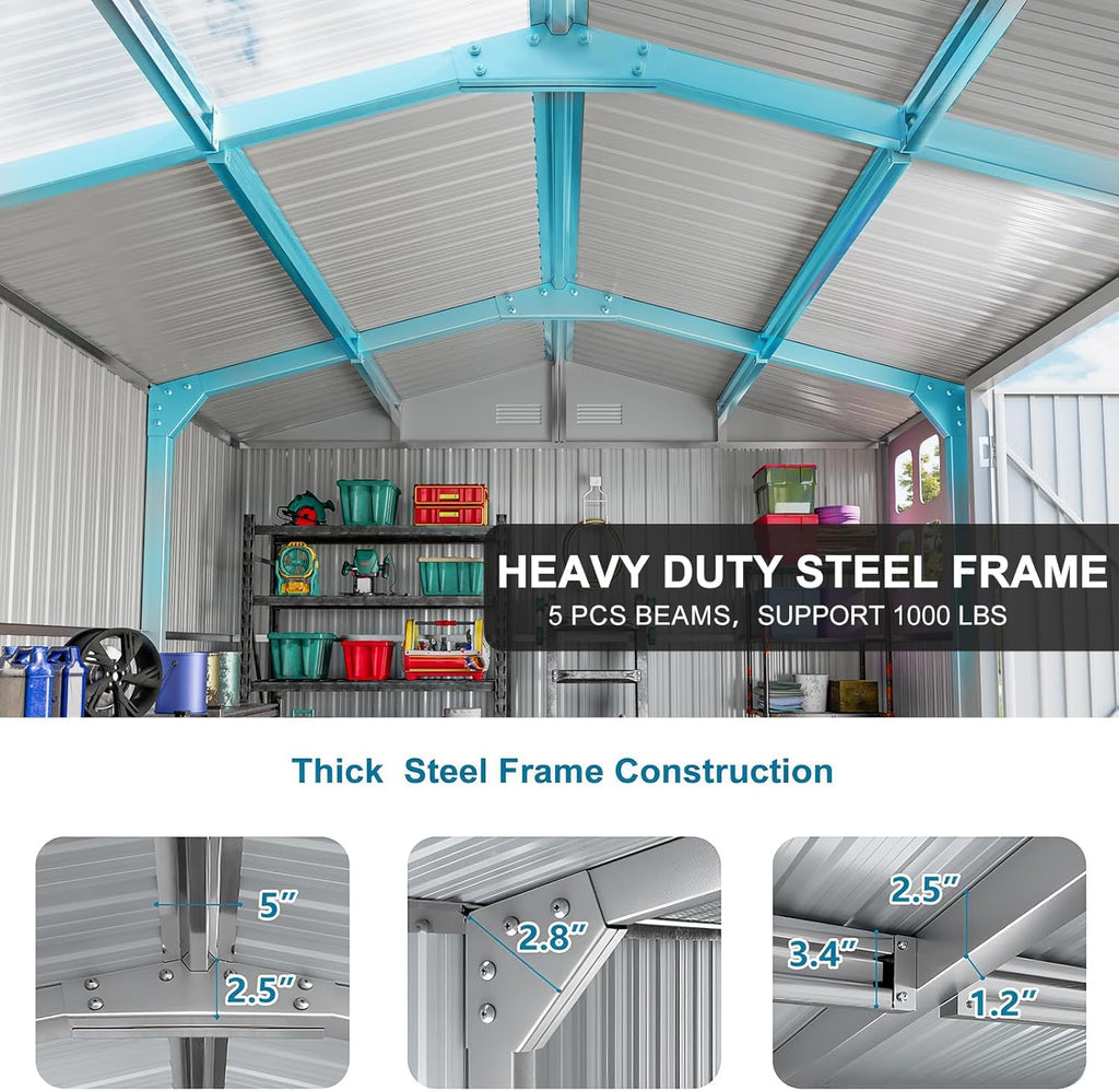 10x12 FT Metal Outdoor Storaged Shed with Floor Base Waterproof Heavy Duty Reinforced Frame with Unique Clear Roof Skyview Windows Air Vent for