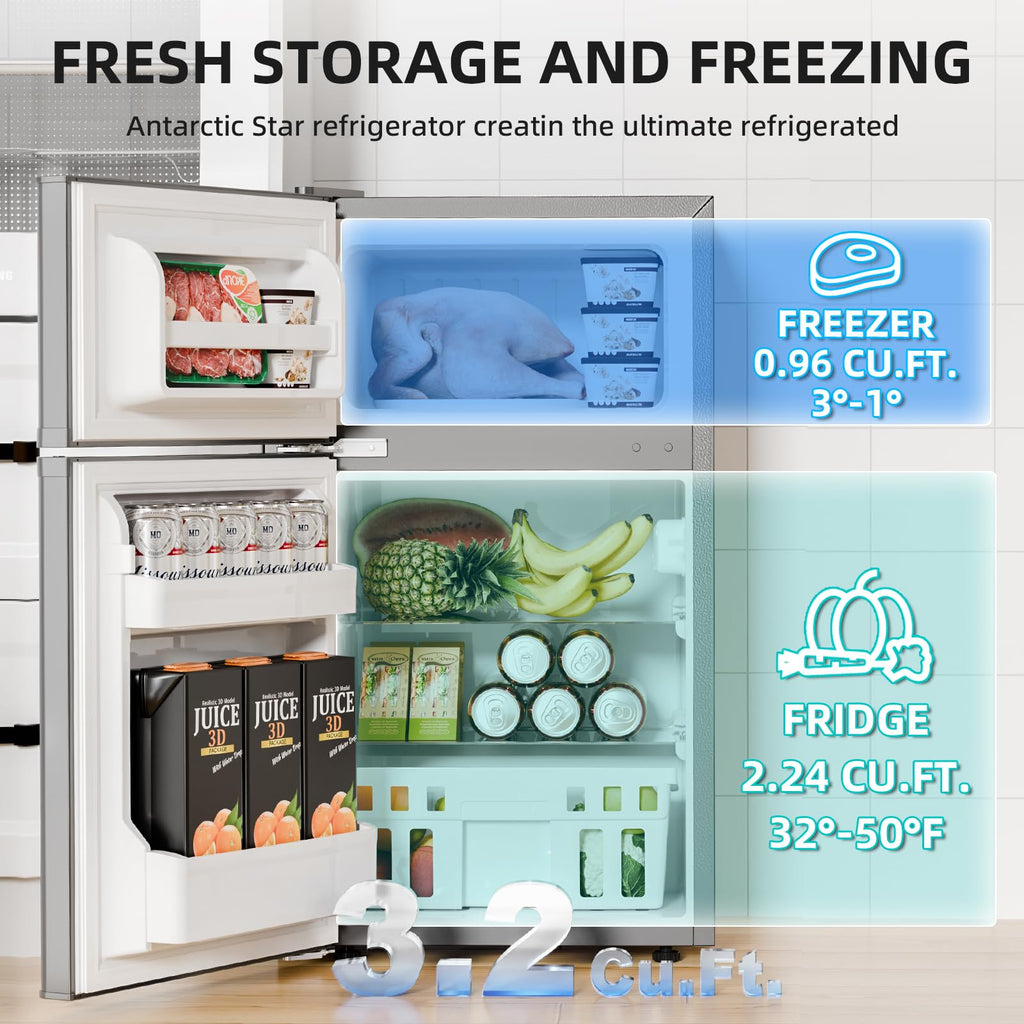Antarctic Star Compact Refrigerator,4.5 Cu.Ft. Mini Separate Freezer Double 2-Door Adjustable Removable Shelves for Apartment/Dorm/Office,GREY
