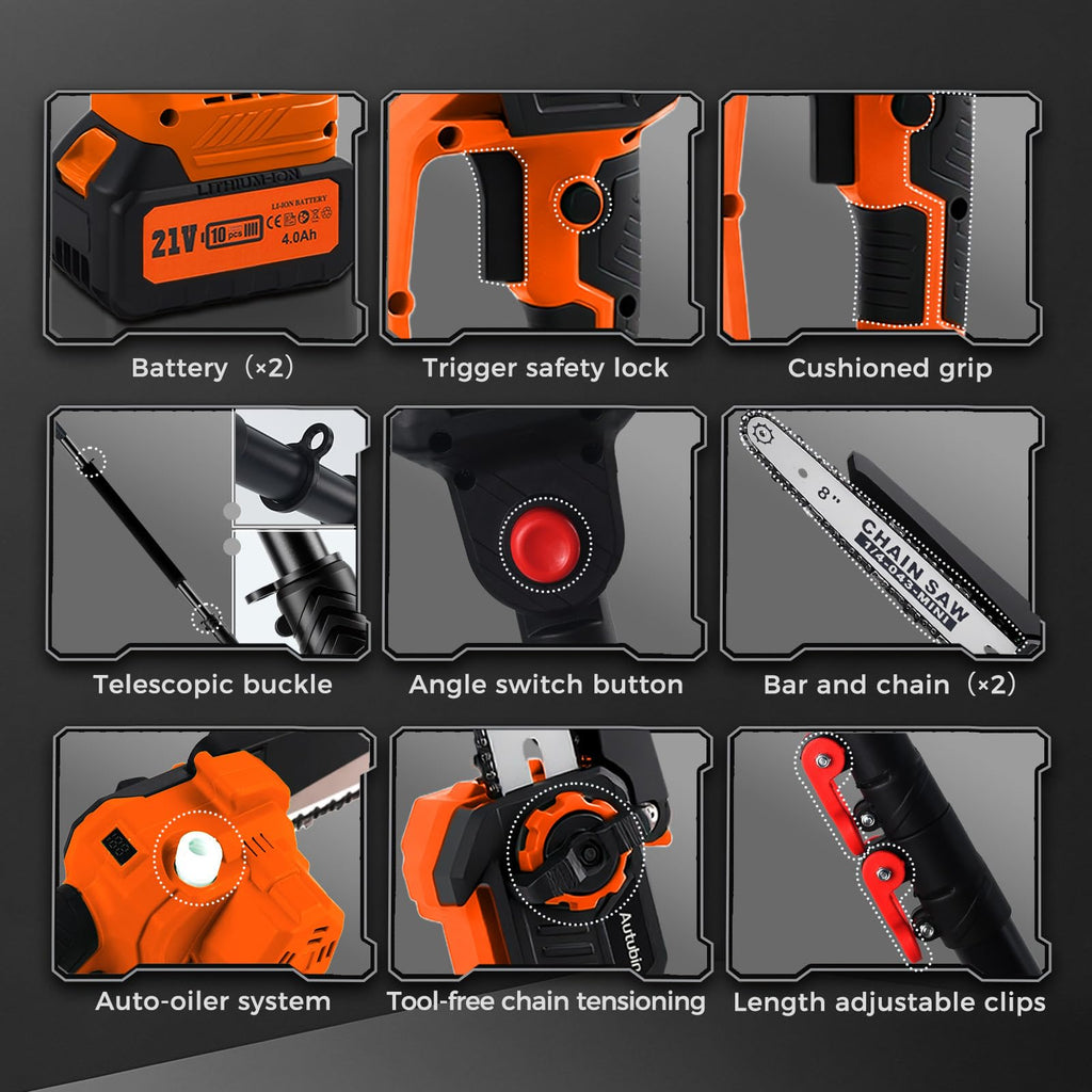 2-in-1 Cordless Pole Saw & 8'' Mini Chainsaw,Forest Ranger Approved Electric Handheld Chain Saw with 2 21V 4.0Ah Rechargeable Batterie&Charger, Auto