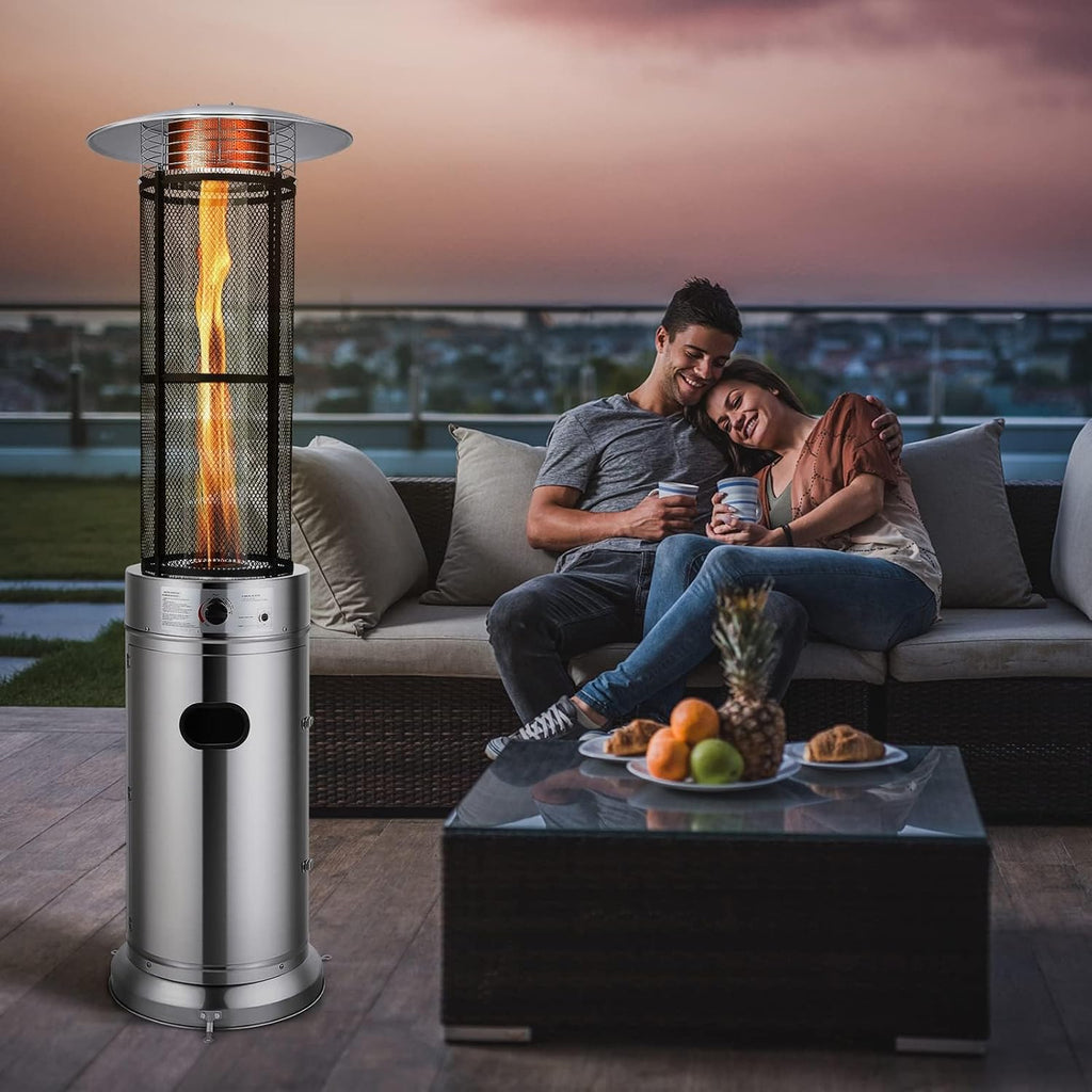 COSTWAY Outdoor Propane Patio Heater, 40,000 BTU Propane Heater with Dancing Flame, Portable Wheels, Stainless Steel Pyramid Floor-Standing Outdoor