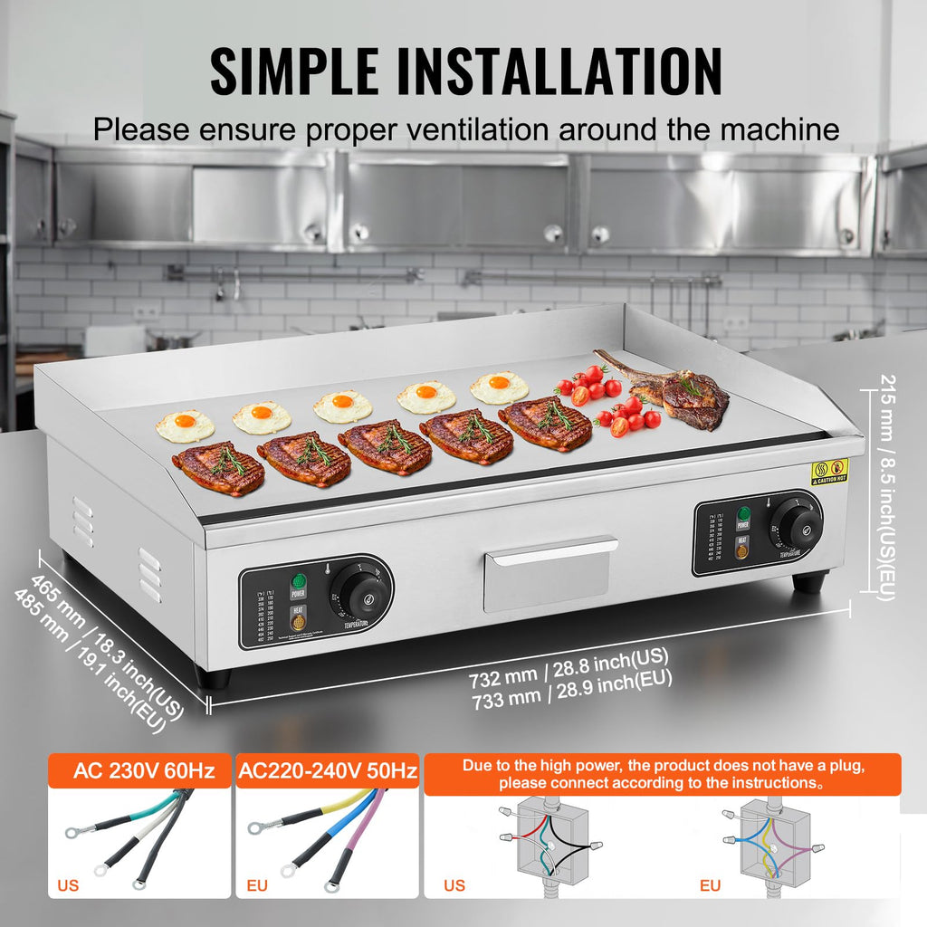 VEVOR Upgraded Commercial Electric Griddle, 2800W Stainless Steel Countertop Flat Top Grill, 26'' Griddle Grill with 2 Shovels and 2 Brushes, 122H