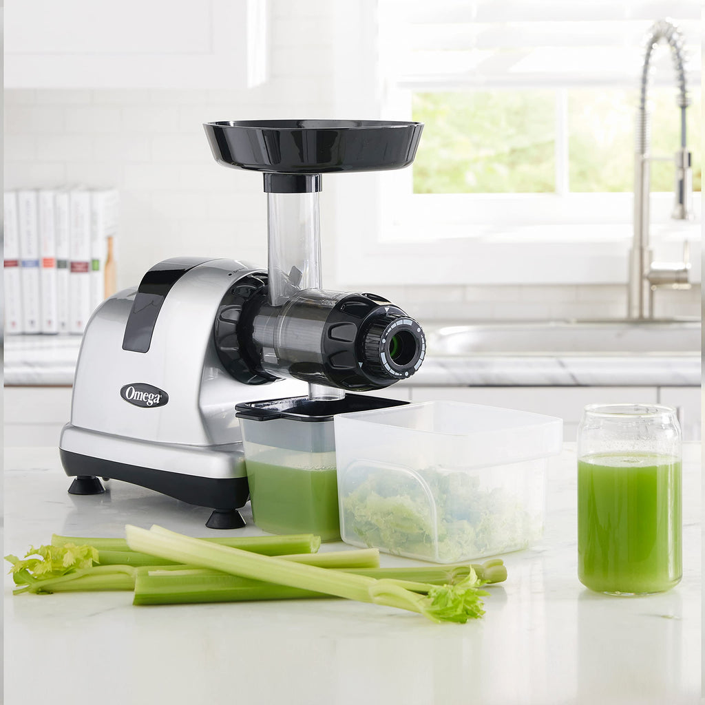 Omega Masticating Juicer, Cold Press Juicer Machine For Celery with Adjustable Dial, 200-Watts, Silver