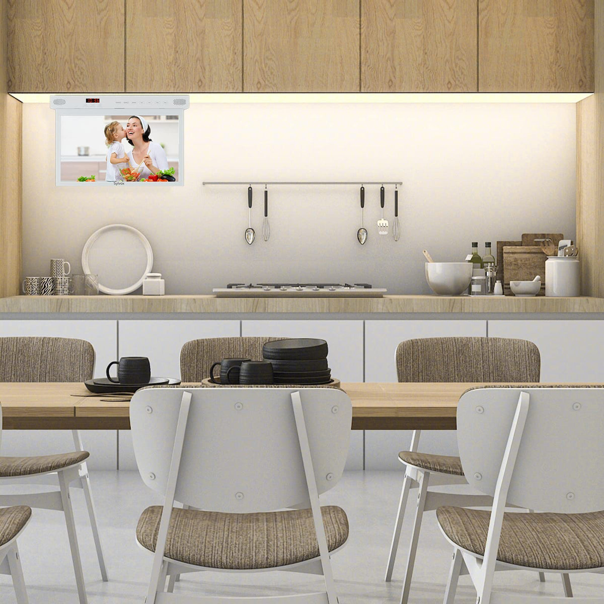 SYLVOX 15.6" Under Cabinet Smart TV C 360 Rotation, 90 Flip-Down Screen, Wireless Connectivity, Space-Saving Design for Kitchen, Bedroom, or RV.
