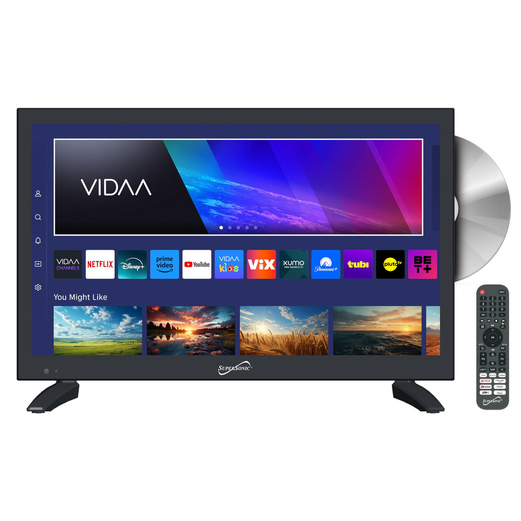 Supersonic SC-1926DVD 19-inch LED Smart HDTV w/DVD Player, 3X HDMI, 1080p, WiFi, USB, AC/DC Compatible for Home, Kitchen, or RV Camper, DC Car Cord