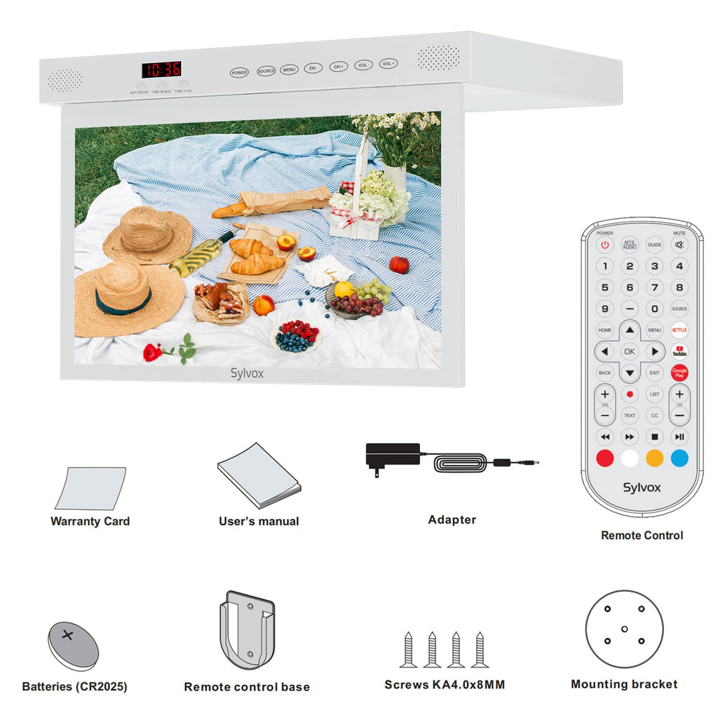 SYLVOX 15.6" Kitchen TV, 1080P FHD Under Cabinet TV with App Store, Voice Assistant, Chromecast, 12-Volt for Small Spaces, Kitchen, Bedroom, RV