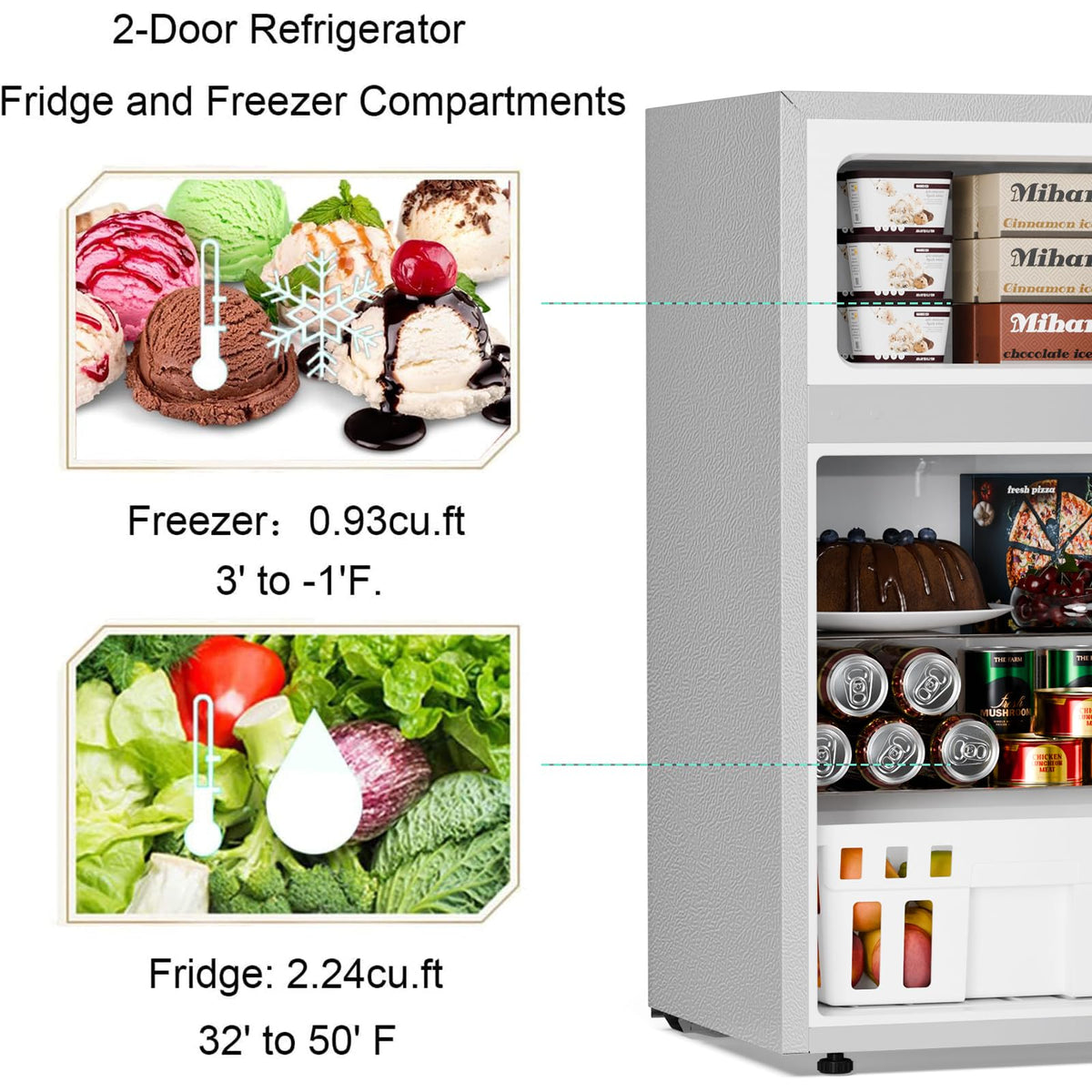 Antarctic Star Compact Refrigerator,3.2 Cu.Ft. Mini Separate Freezer Double 2-Door,Adjustable Removable Shelves for Basement,Apartment,Dorm,Office
