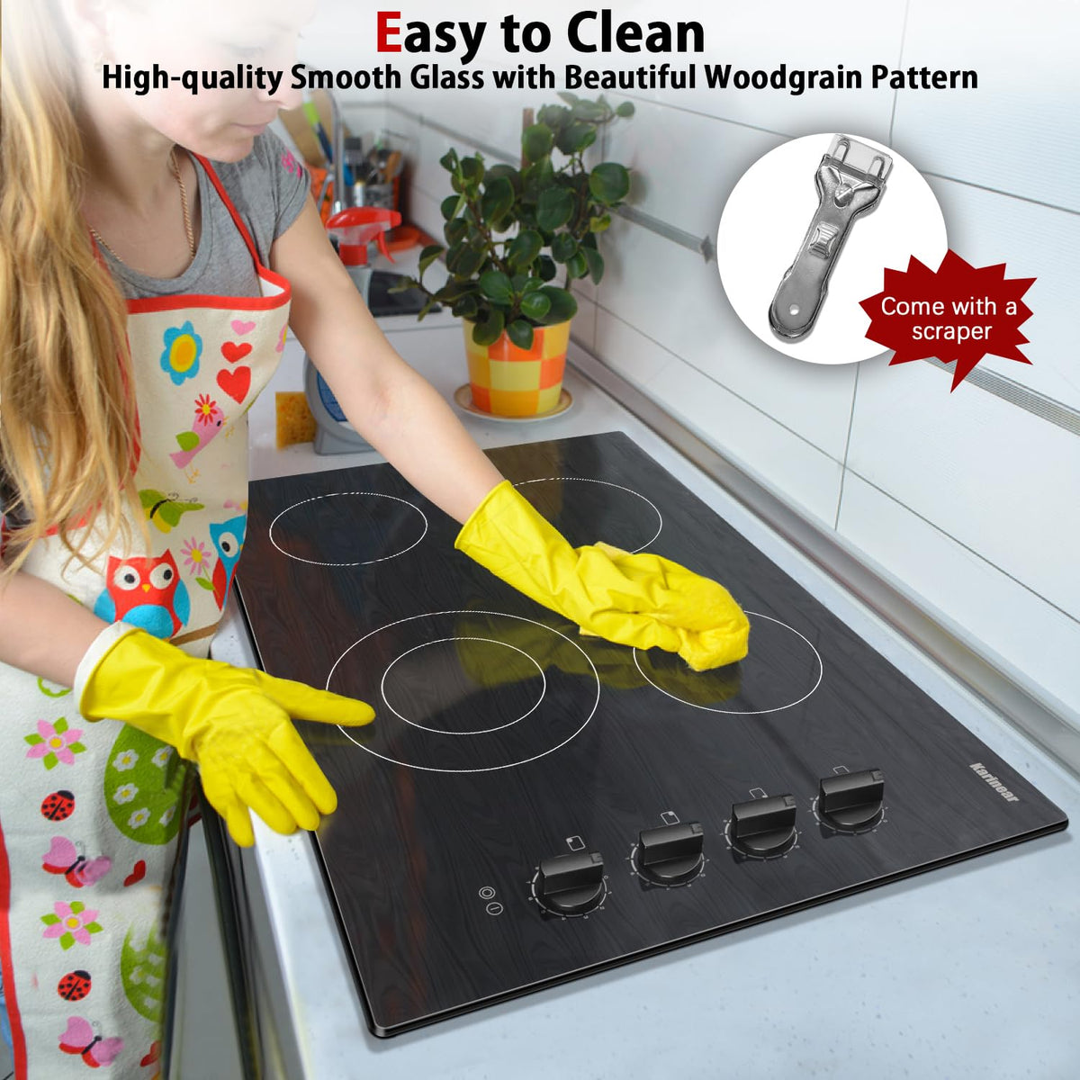 Karinear Electric Cooktop 24 Inch, 4 Burners Electric Stove Knob Control, Built-in Ceramic Cooktop with Beautiful Woodgrain Pattern Glass Surface