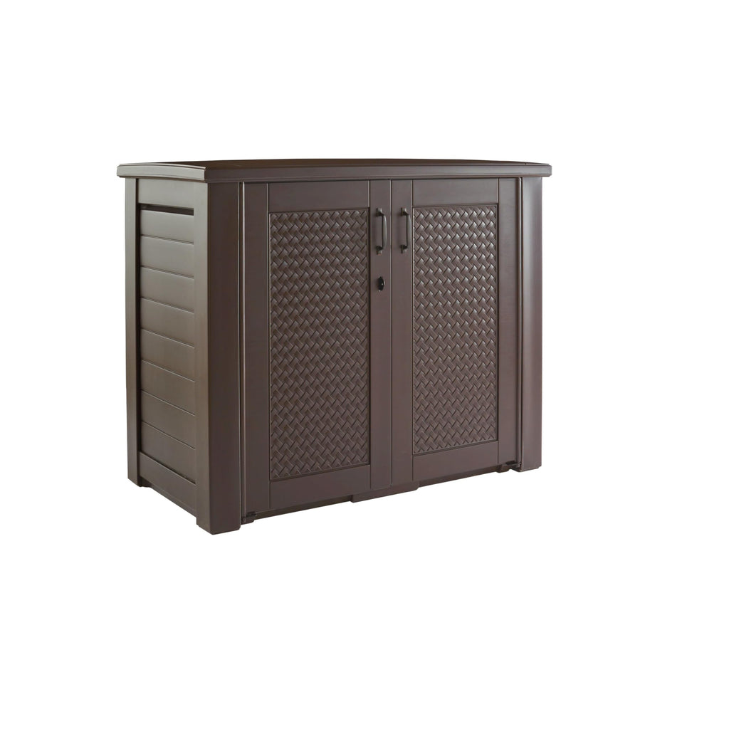 Rubbermaid Decorative Outdoor Storage Cabinet (123 Gal), Weather Resistant, Brown, Organization for Home/Backyard/Pool Chemicals/Toys/Garden Tools