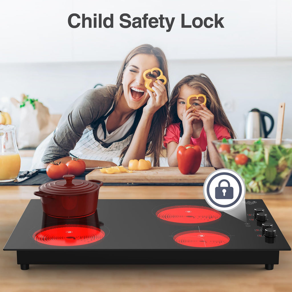 4 Burner Electric Cooktop,7200W Built-in & Countertop 4 Burner Electric Stove Top with 9 Power Levels, Child Safety Lock & 99mins Timer, 30 inch