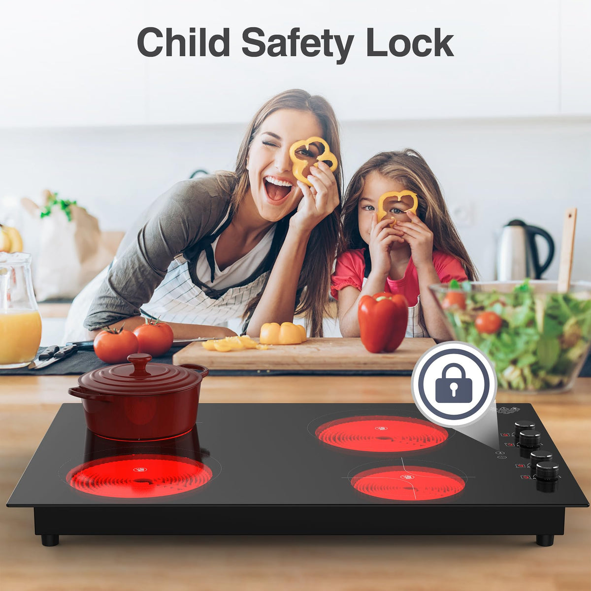 4 Burner Electric Cooktop,7200W Built-in & Countertop 4 Burner Electric Stove Top with 9 Power Levels, Child Safety Lock & 99mins Timer, 30 inch