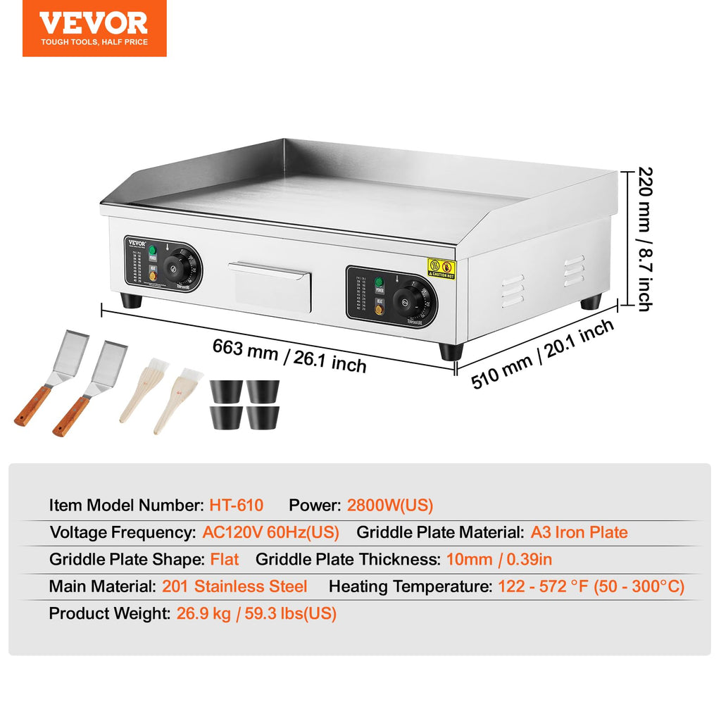 VEVOR Upgraded Commercial Electric Griddle, 2800W Stainless Steel Countertop Flat Top Grill, 26'' Griddle Grill with 2 Shovels and 2 Brushes, 122H
