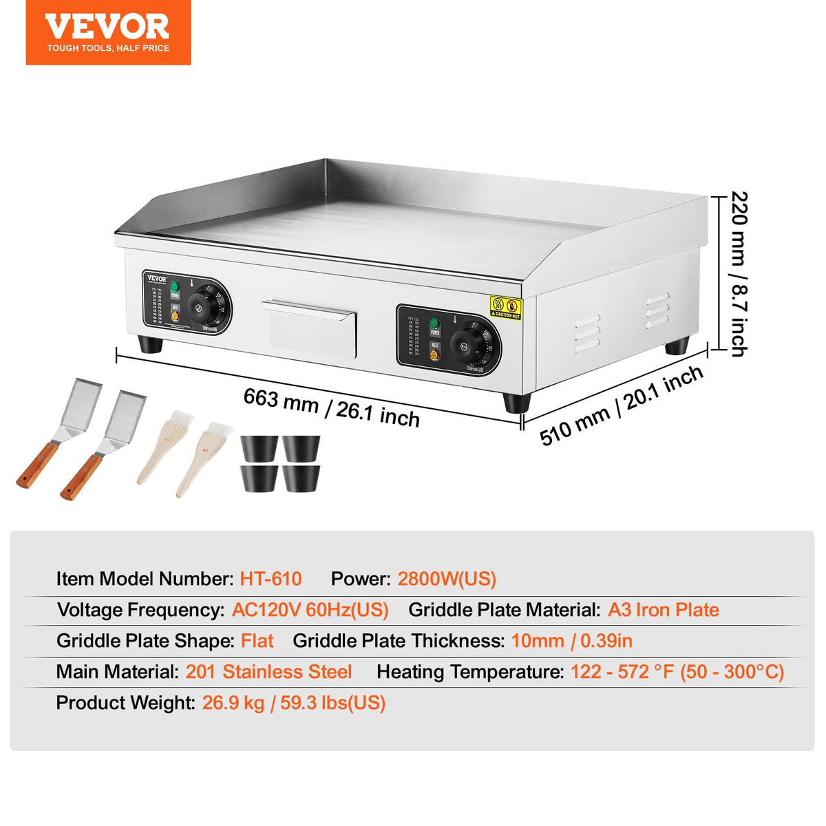 VEVOR Upgraded Commercial Electric Griddle, 2800W Stainless Steel Countertop Flat Top Grill, 26'' Griddle Grill with 2 Shovels and 2 Brushes, 122H