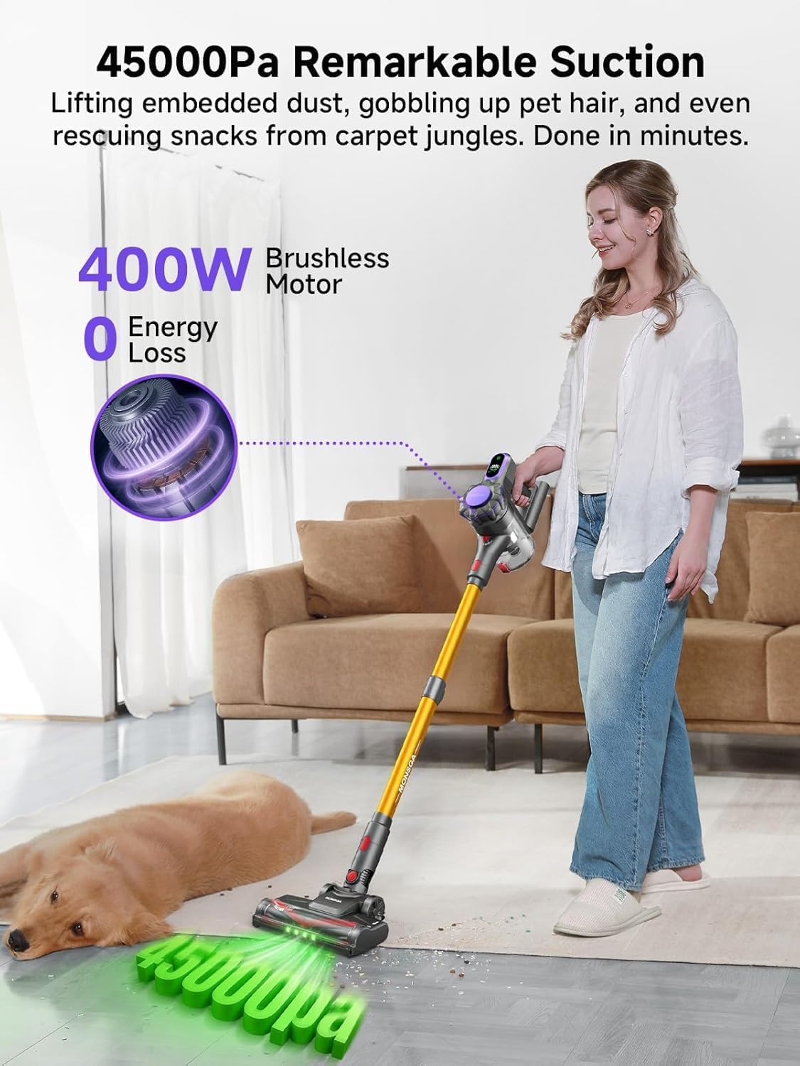 MONSGA Cordless Vacuum Cleaner, 45KPa 400W Stick Vacuum for Home, 50Mins Anti-Tangled Vacuum Cleaner with Charging Dock, Light-Weighted Handheld