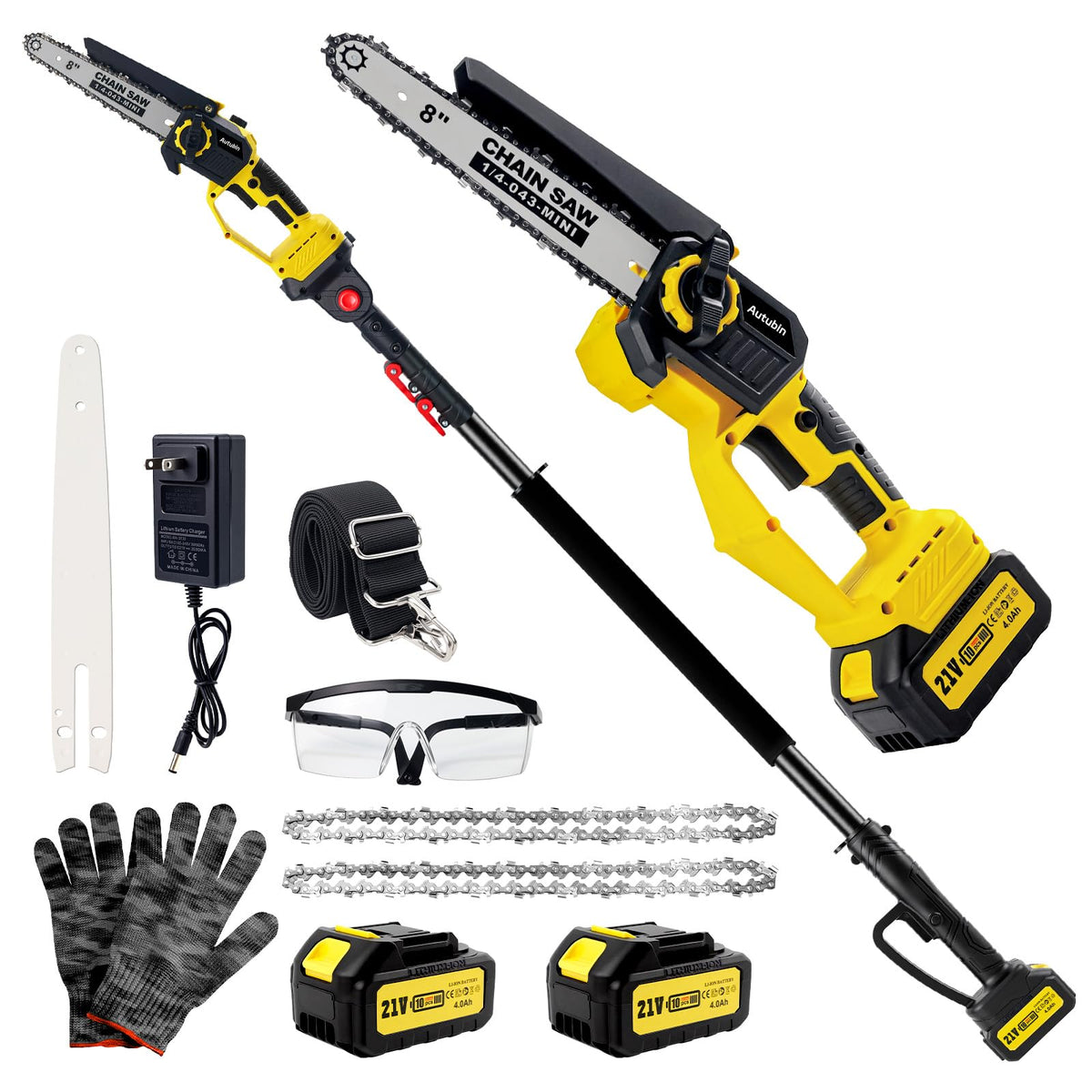 2-in-1 Cordless Pole Saw & 8'' Mini Chainsaw,Forest Ranger Approved Electric Handheld Chain Saw with 2 21V 4.0Ah Rechargeable Batterie&Charger, Auto
