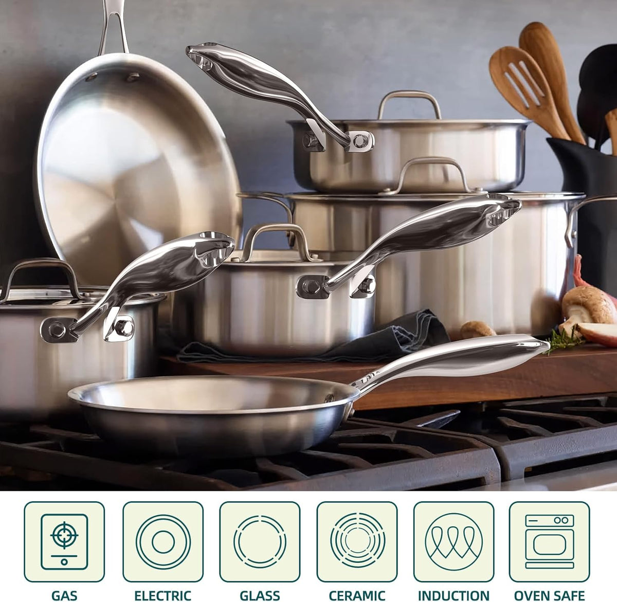 Umite Chef Stainless Steel Cookware Set, 5 Ply 14 Piece Stainless Steel Pot and Pan Set-Induction, Heavy Chef Quality, Oven Safe | Professional