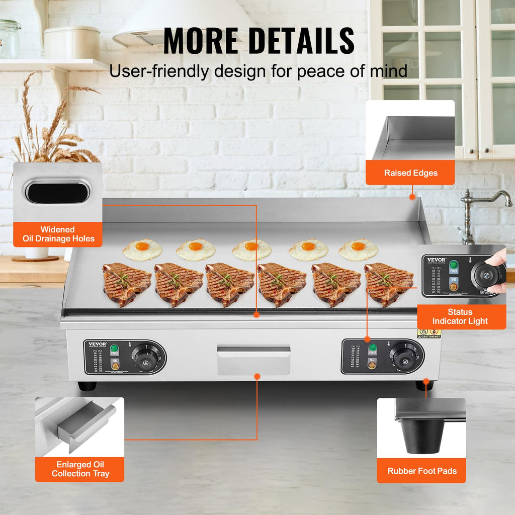 VEVOR Upgraded Commercial Electric Griddle, 2800W Stainless Steel Countertop Flat Top Grill, 26'' Griddle Grill with 2 Shovels and 2 Brushes, 122H