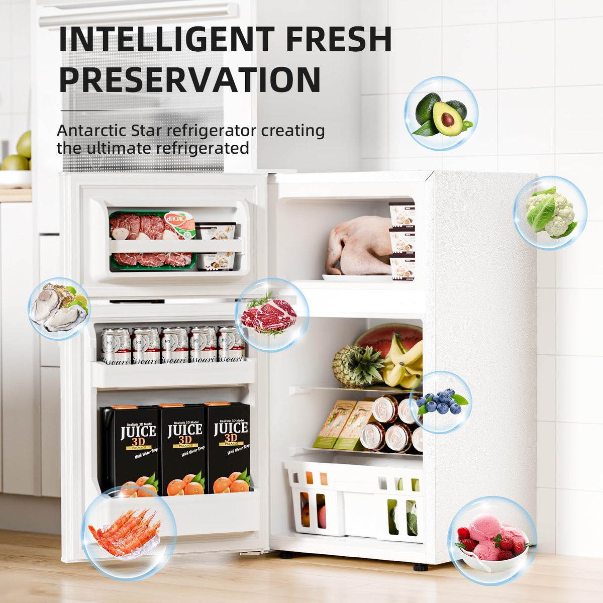 Antarctic Star Compact Refrigerator,4.5 Cu.Ft. Mini Separate Freezer Double 2-Door Adjustable Removable Shelves for Apartment/Dorm/Office,GREY