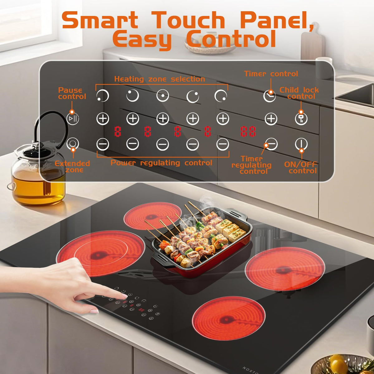 Noxton 30 Inch Electric Cooktop, 8400W 5 Burners Built-in Radiant Electric Stove Top, Slider Control, 9 Power Levels, Child Safety Lock, Timer, 220