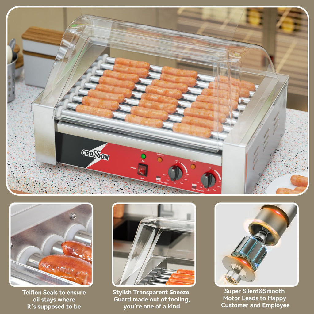 CROSSON 12 Hot Dog 5 Roller Grill Machine with Transparent Sneeze Guard,5 Nonstick 304SS Rollers Commercial Hot Dog Cooker Machine-120V, 750W