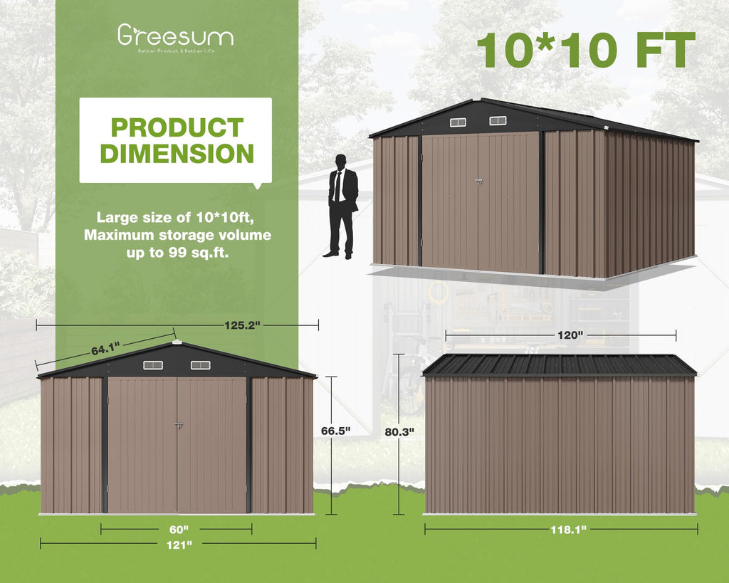 Greesum Outdoor Storage Shed 6 x 8 ft. Utility Tool Shed Metal Storage Garden Shed with Door & Lock for Patio Storage, Brown