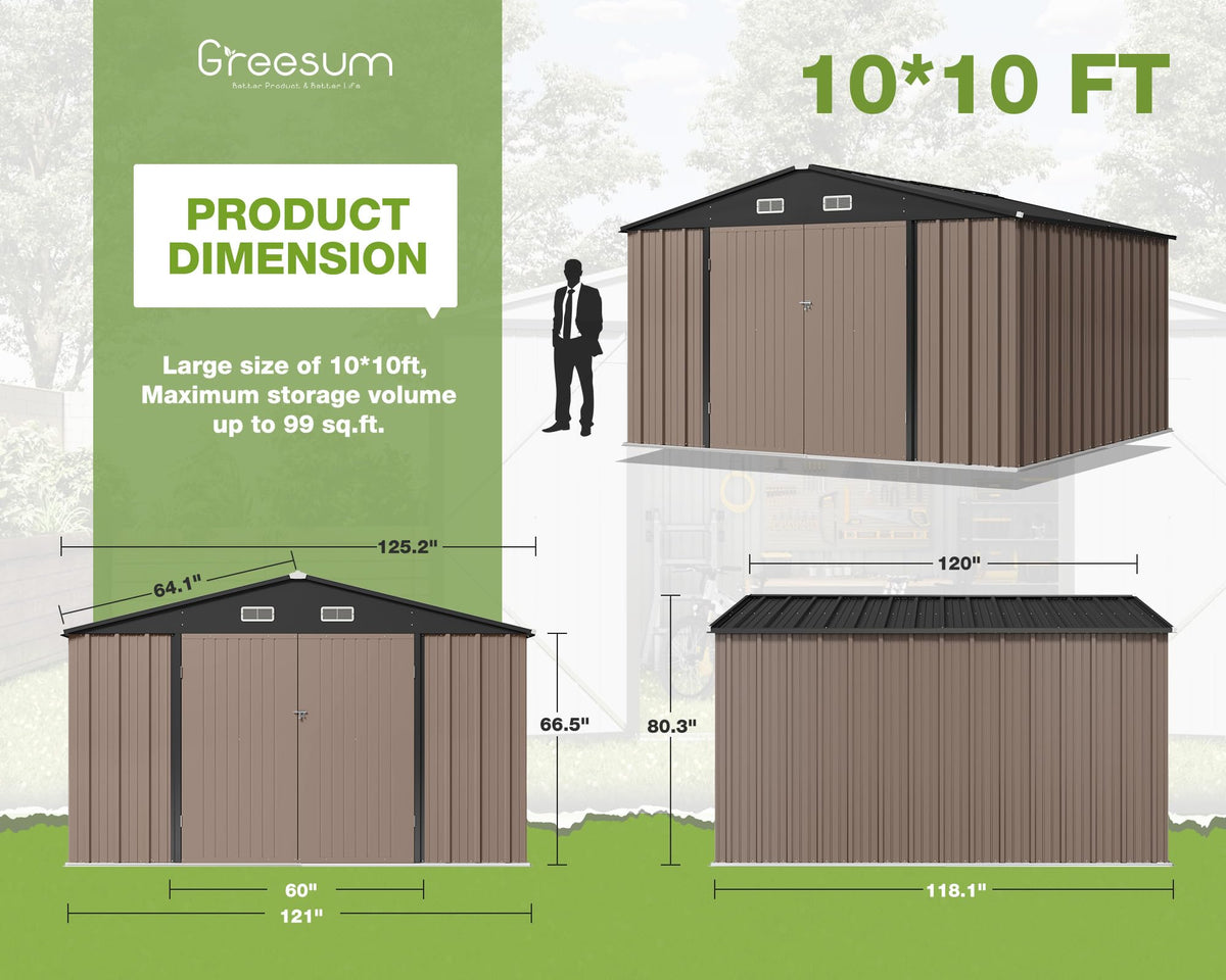 Greesum Outdoor Storage Shed 6 x 8 ft. Utility Tool Shed Metal Storage Garden Shed with Door & Lock for Patio Storage, Brown