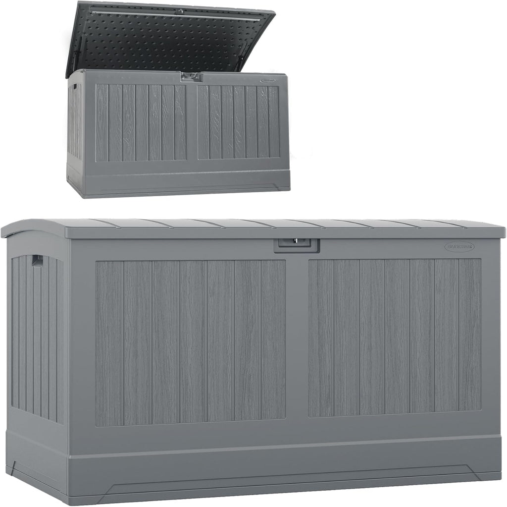Suncast 200-gal. All-Weather Patio Deck Box, Made in the USA, with Pad-Lockable Lid, Extra-Large Outdoor Storage Unit for Patio Furniture and Grill