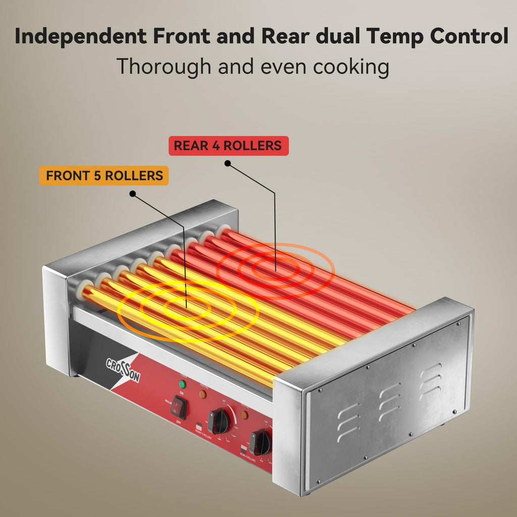 CROSSON 12 Hot Dog 5 Roller Grill Machine with Transparent Sneeze Guard,5 Nonstick 304SS Rollers Commercial Hot Dog Cooker Machine-120V, 750W