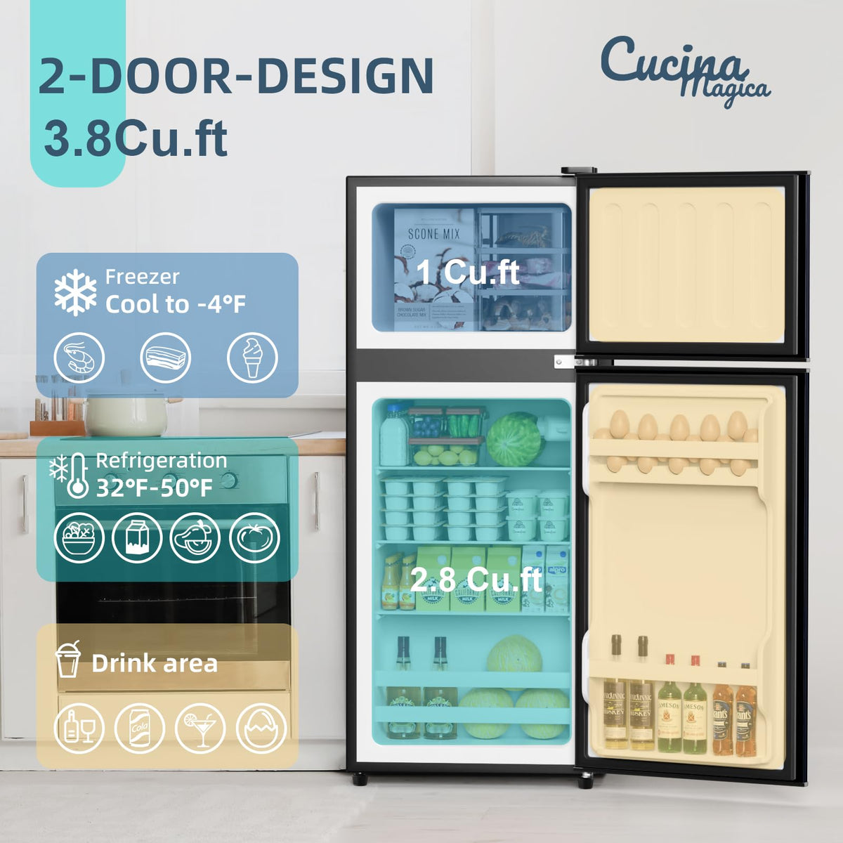 4.2 Cu Ft Mini Fridge for Bedroom, 2 Door Small Fridge, 7 Level Thermostat, LED Light, Small Refrigerator for Bedroom, Office, Dorm