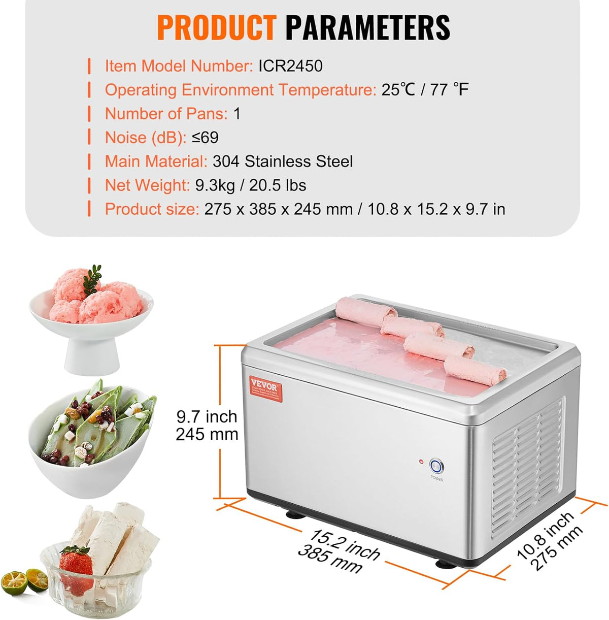 VEVOR Fried Ice Cream Machine, 12.6" x 8.5" 120W Stir-Fried Ice Cream Roll Maker with Compressor and 2 Scrapers, for Making Dessert Rolls, Frozen