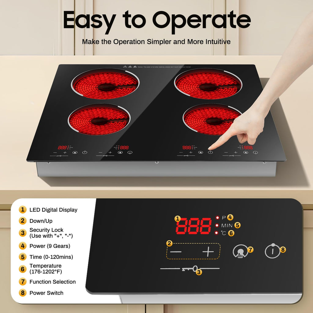 3000W 110V Cooktop Portable 4 Burners Electric Built-in Cooktop Sensor Touch Control Countertop Electric Hot Plate with Kid Safety Lock and 2H Timer