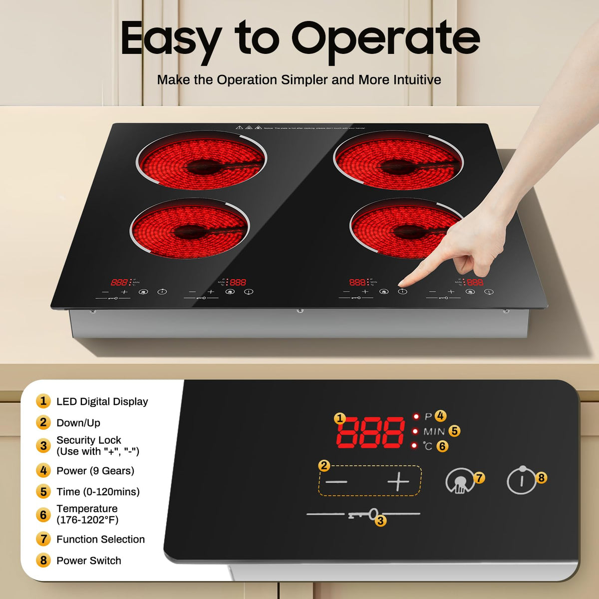 3000W 110V Cooktop Portable 4 Burners Electric Built-in Cooktop Sensor Touch Control Countertop Electric Hot Plate with Kid Safety Lock and 2H Timer