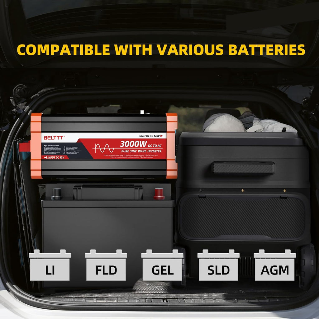 BELTTT 3000W Pure Sine Wave Inverter 12V DC to 120V AC for RV, Truck, Off-Grid, Home, Solar Car Power Inverter with Dual AC, 20A Socket, 5V 2.1A USB