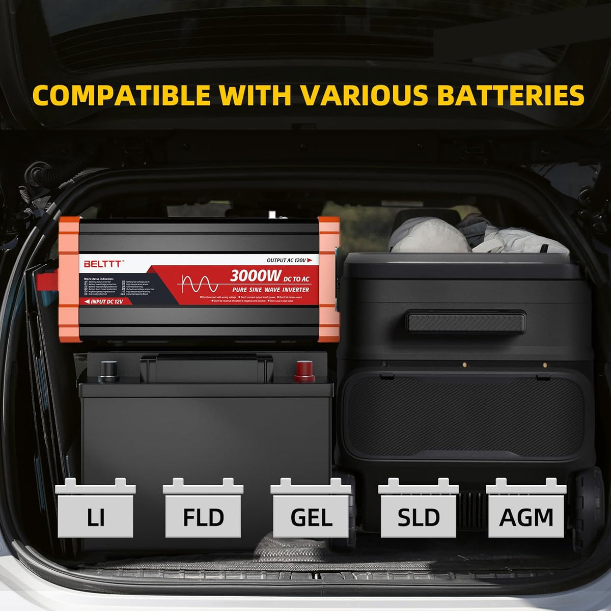 BELTTT 3000W Pure Sine Wave Inverter 12V DC to 120V AC for RV, Truck, Off-Grid, Home, Solar Car Power Inverter with Dual AC, 20A Socket, 5V 2.1A USB