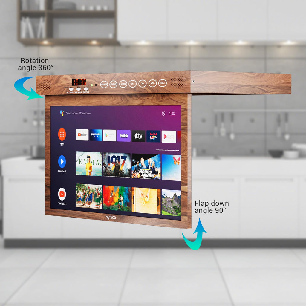 SYLVOX 15.6" Under Cabinet Smart TV C 360 Rotation, 90 Flip-Down Screen, Wireless Connectivity, Space-Saving Design for Kitchen, Bedroom, or RV.