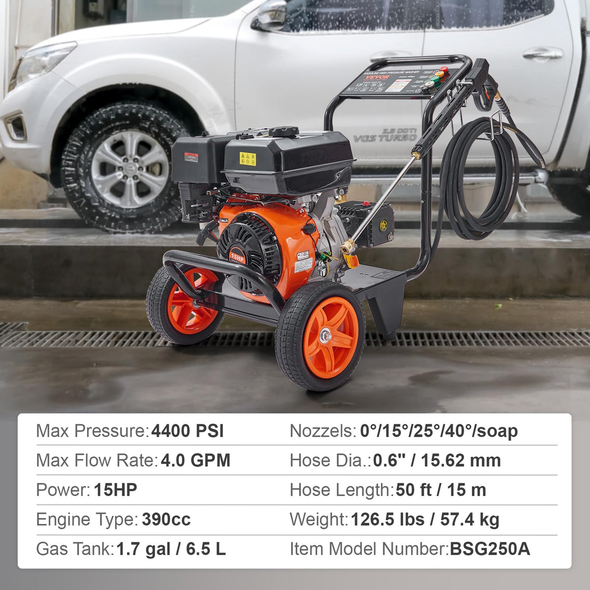VEVOR Gas Powered Pressure Washer 3400 PSI 2.6 GPM, with Spray Gun and Extension Wand, 5 Quick Connect Nozzles, Copper Pump