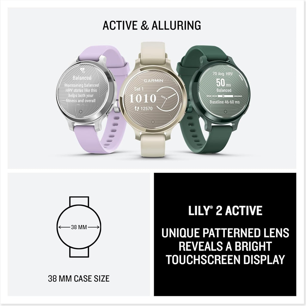 Garmin Lily® 2 Active, Small and Stylish Smartwatch, Built-in GPS, Hidden Display, Patterned Lens, Up to 9 Days Battery Life, Lunar Gold with