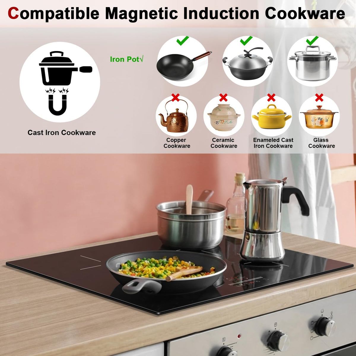Karinear 24 Inch Induction Cooktop 3 Burners, 6800W Built-in Induction Stovetop with Flex Zone,Child Safety Lock, Timer, Boost, Slider Control Black