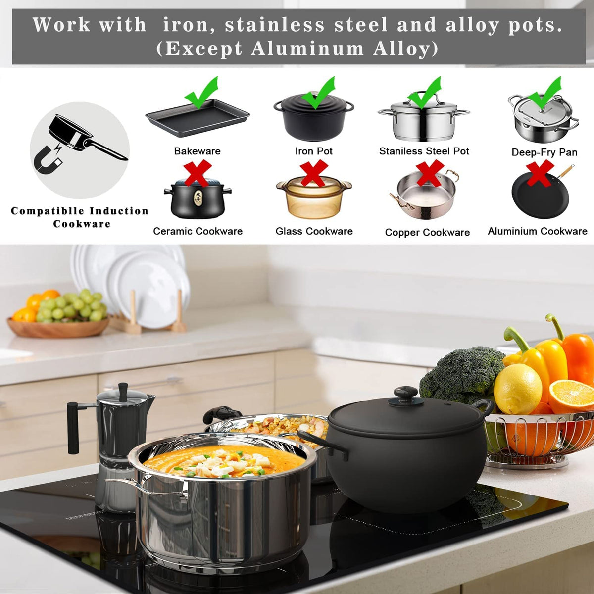 Karinear 24 Inch Induction Cooktop 3 Burners, 6800W Built-in Induction Stovetop with Flex Zone,Child Safety Lock, Timer, Boost, Slider Control Black