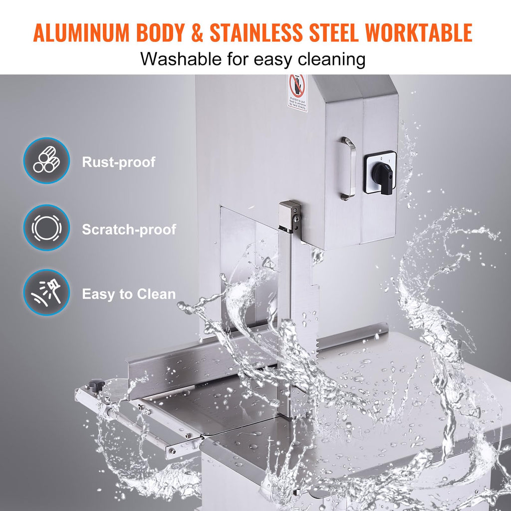 Commercial Electric Meat Bandsaw, 1500W Stainless Steel Countertop Bone Sawing Machine, Workbeach 19.3" x 15", 0.16-7.9 Inch Cutting Thickness