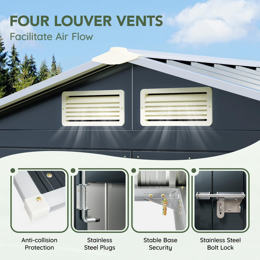 10x10 FT Outdoor Metal Storage Shed, Double Swing Doors, 2 Clear Windows,Tool Shed for Garden, Patio, Backyard Nightblue