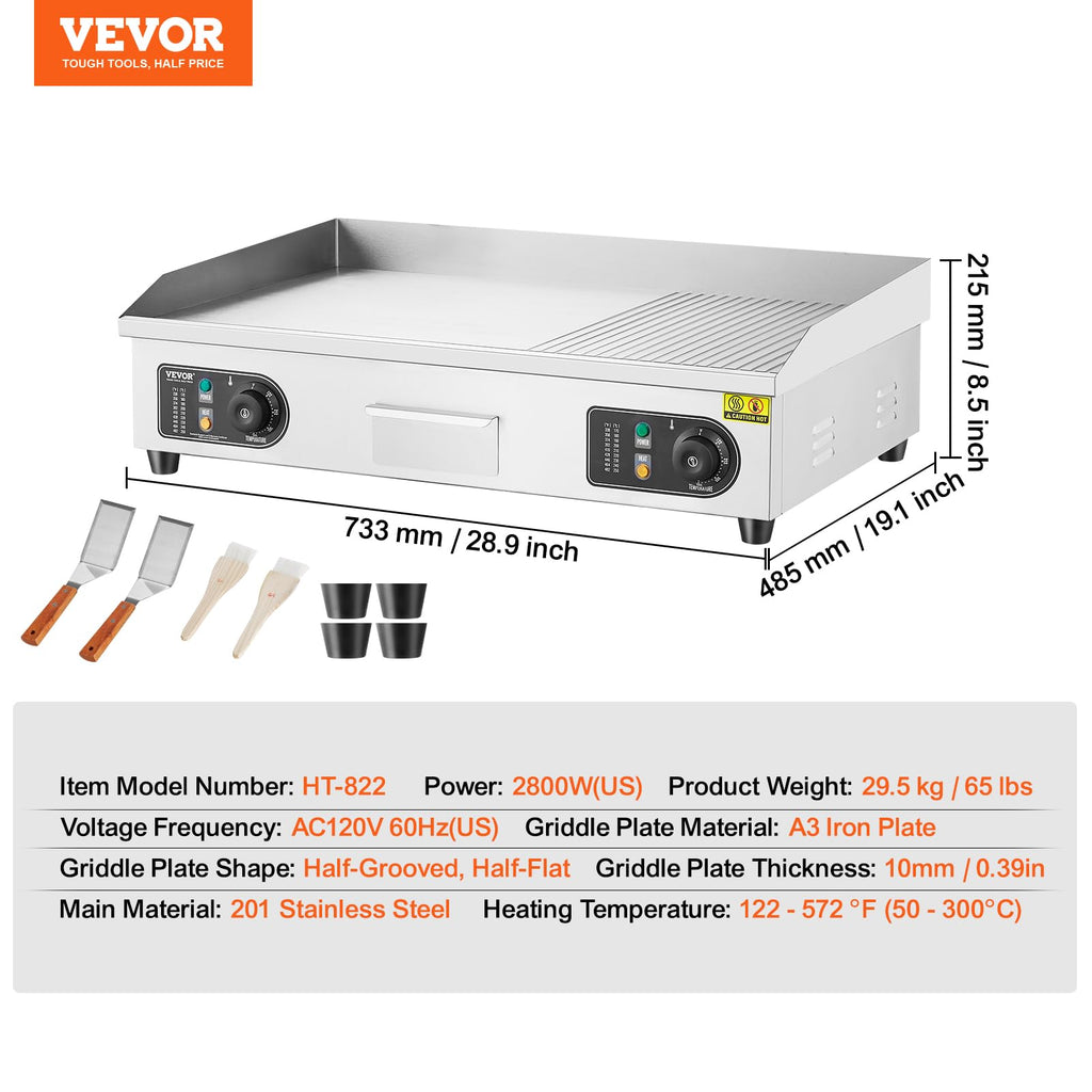 VEVOR Upgraded Commercial Electric Griddle, 2800W Stainless Steel Countertop Flat Top Grill, 26'' Griddle Grill with 2 Shovels and 2 Brushes, 122H