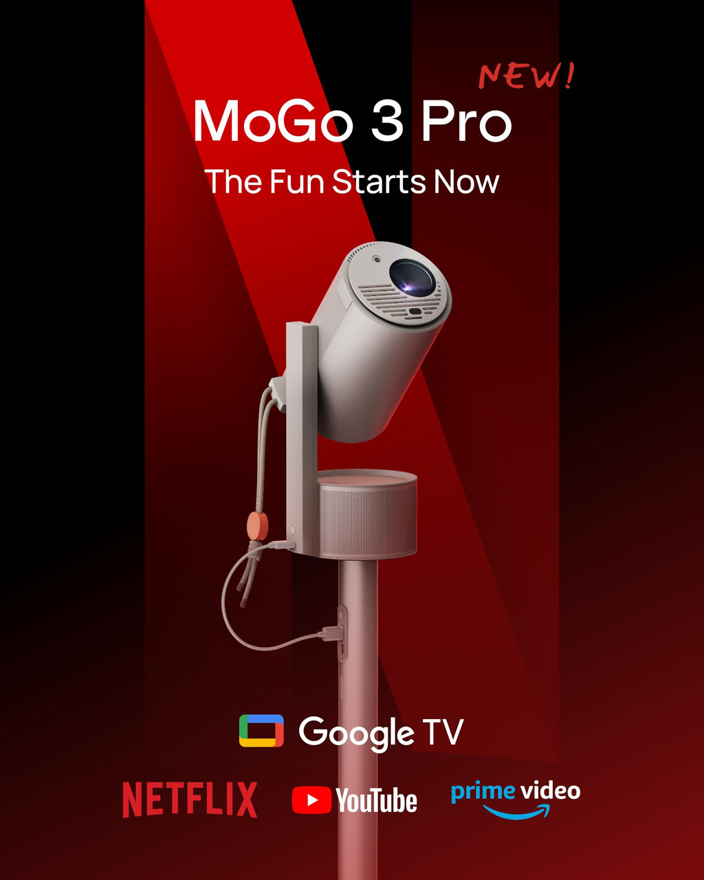 XGIMI MoGo 3 Pro NEW Outdoor Projector with PowerBase Stand, 2.5hrs Battery, Google TV with Licensed Netflix, Build-in Adjustable Stand, 450 ISO