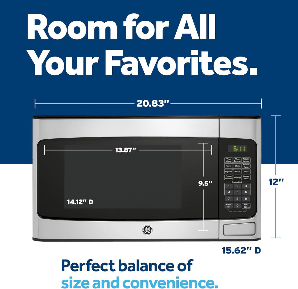 GE Compact Countertop Microwave Oven, 1.1 Cubic Ft., 950w Capacity, 6 Auto Cook Settings, Child-Lock Technology, Dorm Room, Apartment, Stainless Steel